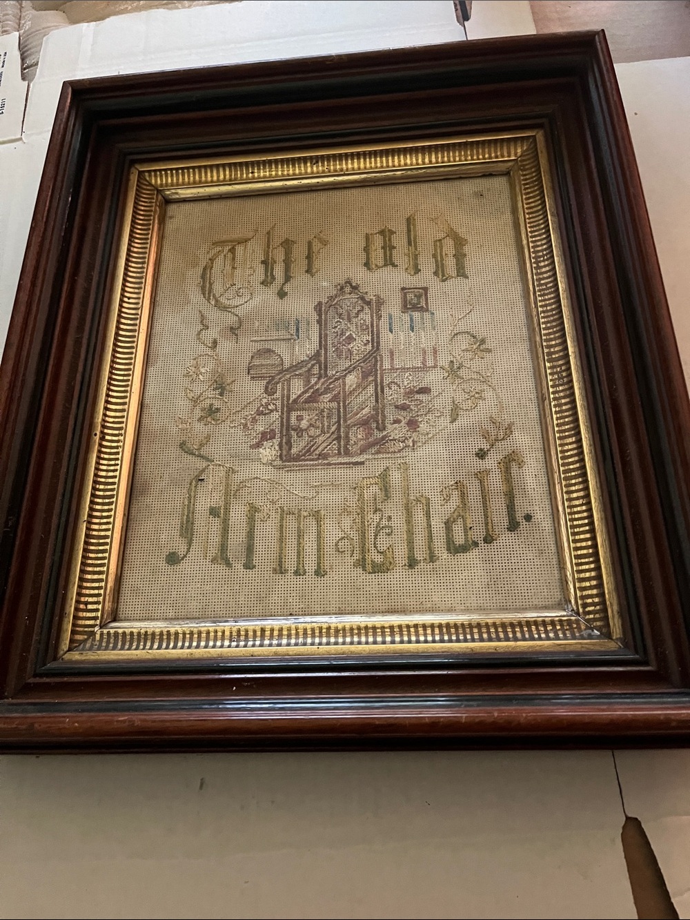 Framed Vintage Embroidered 'The Old Armchair' Wall Art - Brown & Gold